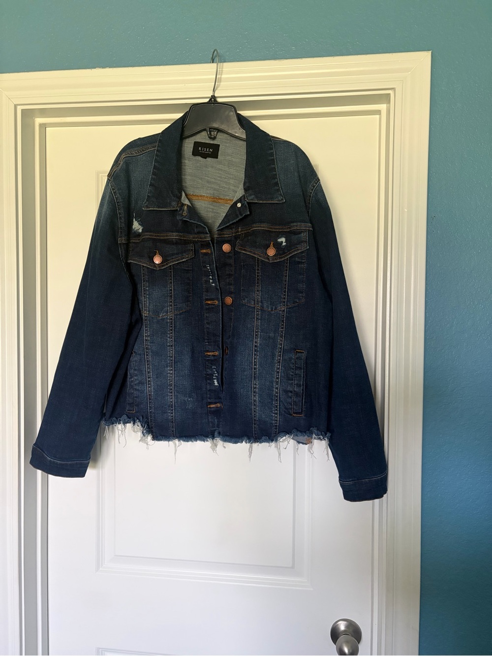 Risen Women’s Dark Blue Distressed Denim Jacket